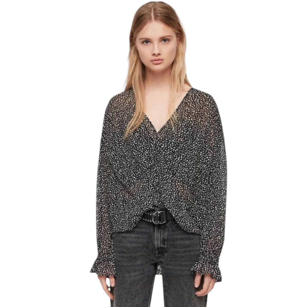 AllSaints Penny Splash Black White Polka Dot Wrap Blouse Size Small